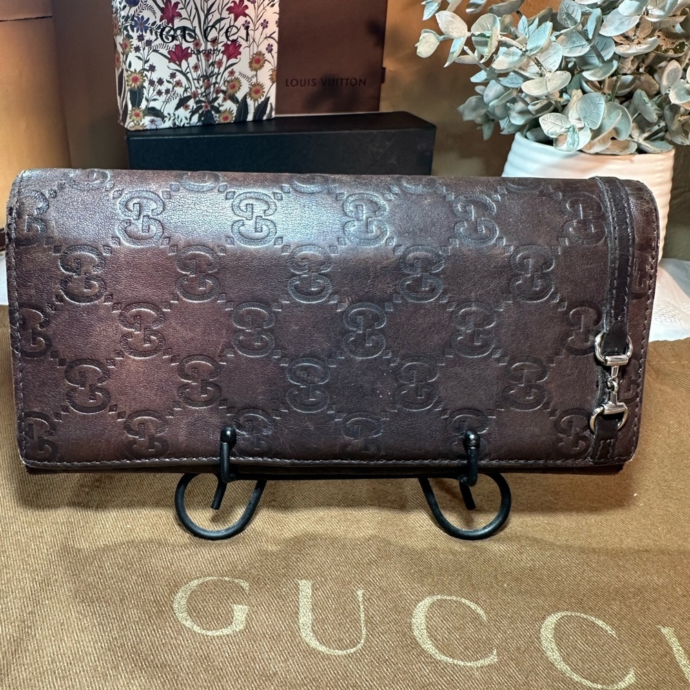 Gucci Guccissima GG Brown Embossed Leather Long Wallet with silver horsebit